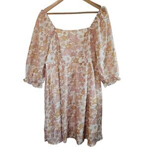Floral Neutral Dress Womens Size XL Beige Babydoll Puff Sleeve Boho Y2K Peasant